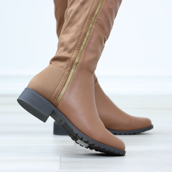 Tan Thigh High Over The Knee Faux Leather & Stretchy Material Low Heel Boot - Picture 7 of 15